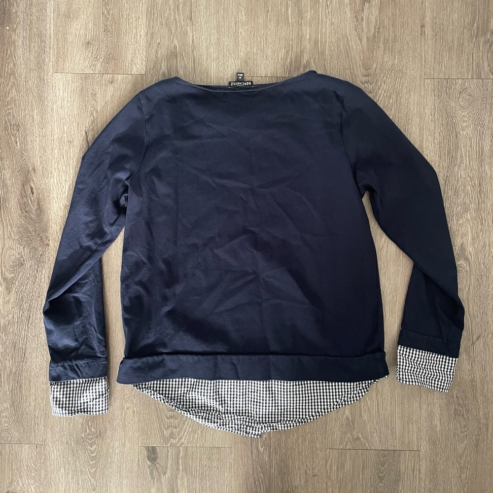 Navy Blue Women's Top with Checkered Cuffs - Picture 9 of 10